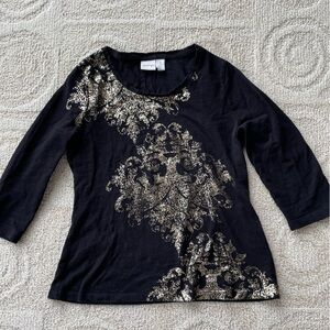 Chicos Zenergy black t-shirt with gold foil print - size 8-10.